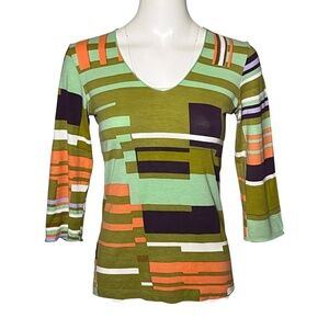Amet & Ladoue Colorful Abstract Print V-Neck T-Shirt Top Green Orange Art Size M